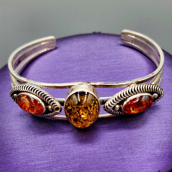 Vintage Navajo Signed Baltic Amber Three Stone Handmade Sterling Silver Bracelet - Picture 9 of 11